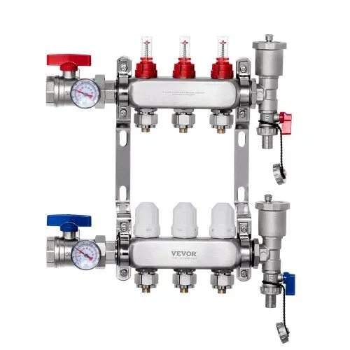 VEVOR 3-Zweig-Wärmeverteilungsverteiler, 1/2-Zoll-PEX-Rohrverteiler, Edelstahl-PEX-Verteiler für hydronische Fußbodenheizung, Wärmeverteilungs-PEX-Verteilersatz mit 1/2-Zoll-Adaptern im Lieferumfang enthalten VEVOR 3-Zweig-Wärmeverteilungsverteiler, 1/2-Zoll-PEX-Rohrverteiler, Edelstahl-PEX-Verteiler für hydronische Fußbodenheizung, Wärmeverteilungs-PEX-Verteilersatz mit 1/2-Zoll-Adaptern im Lieferumfang enthalten