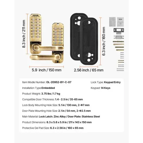 VEVOR mechanisches schlüsselloses Türschloss mit doppelseitiger Tastatur (14 Tasten), schlüsselloses Türschloss mit Griff, Codeschloss für Haus Büro Außenzaun Hof (35-65 mm dicke Tür) – Bild 6