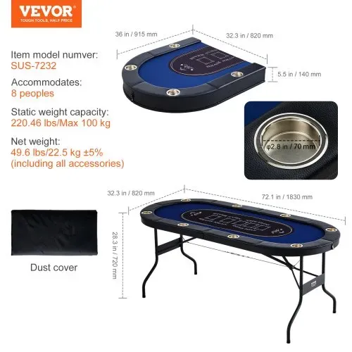 VEVOR Casino Pokertisch Klappbare Tischbeine 1830 x 820 x 720 mm (L x B x H), Faltbarer Pokertisch, Schwarz & Blau Pokerauflage Klapptisch für 8 Spieler, Pokertisch mit Staubschutzhülle Tragbar – Bild 6