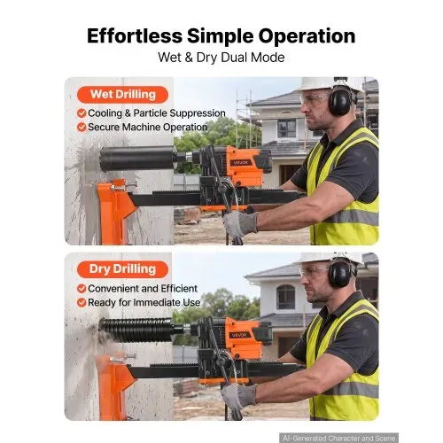 VEVOR Diamant Kernbohrmaschine 2500 W Kernbohrgerät Trocken/Nass 20-202 mm, für Beton Ziegel Keramikfliesen Asphalt Marmorböden, Inkl. 8 Bohrer & Rollständer & Tragegriff, 800 U/min, UNC1 1/4–7 Gewinde – Bild 2