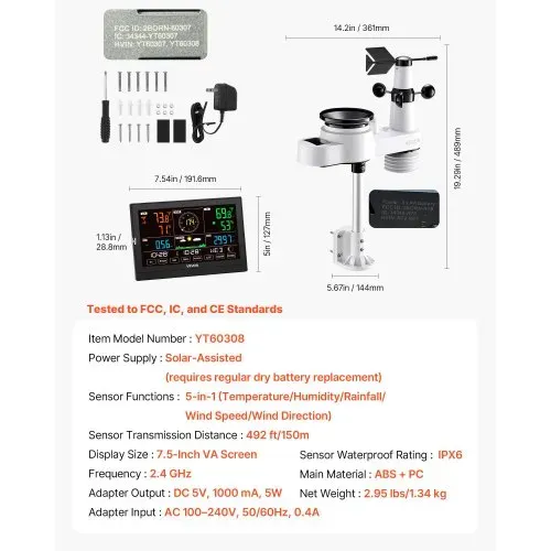 VEVOR 5-in-1-WLAN-Wetterstation, 7,5-Zoll-VA-Display, solarbetriebener Außensensor, Wettercenter zur Wettervorhersage, Windgeschwindigkeit, Windrichtung, Temperatur, Luftfeuchtigkeit, Niederschlag – Bild 5