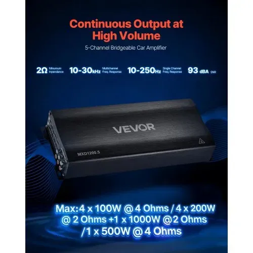 VEVOR Autoverstärker 5-Kanal, Endstufe Klasse D Überbrückbar, Max. 4 x 100 W an 4 Ohm / 4 x 200 W an 2 Ohm + 1 x 1000 W an 2 Ohm / 1 x 500 W an 4 Ohm, Hochleistungsverstärker für Fahrzeuge VEVOR Autoverstärker 5-Kanal, Endstufe Klasse D Überbrückbar, Max. 4 x 100 W an 4 Ohm / 4 x 200 W an 2 Ohm + 1 x 1000 W an 2 Ohm / 1 x 500 W an 4 Ohm, Hochleistungsverstärker für Fahrzeuge