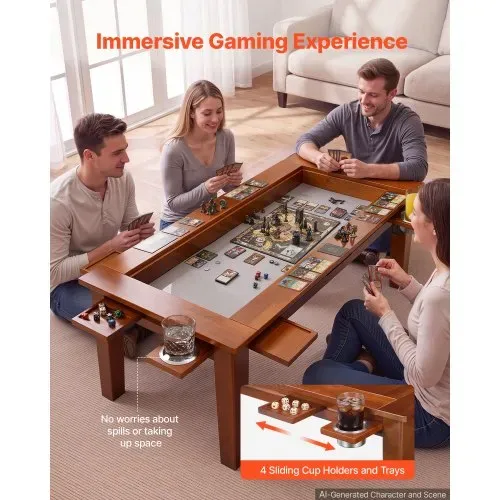 VEVOR Brettspieltisch 120x60x45cm 2-in-1 Spiel- & Esstisch 136kg Belastbar, Geräumig für 4 Spieler, Massivholz, mit Abnehmbaren Tischplatten Getränkehaltern Leder-Spielmatte & Ausziehbaren Tabletts – Bild 2