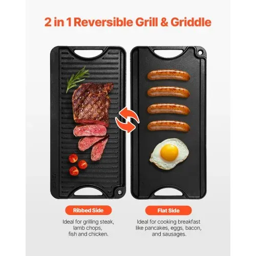 VEVOR wendbarer Grillplatte Bratpfanne Griddle aus Gusseisen (492 x 218 mm), tragbare rechteckige Pfanne mit Griff, Familienkochgeschirr für Herdplatten drinnen/draußen Grill, schwarz VEVOR wendbarer Grillplatte Bratpfanne Griddle aus Gusseisen (492 x 218 mm), tragbare rechteckige Pfanne mit Griff, Familienkochgeschirr für Herdplatten drinnen/draußen Grill, schwarz