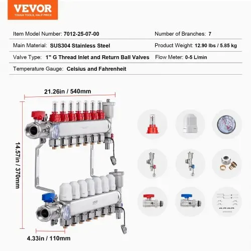 VEVOR 7-Zweig-Wärmeverteilungsverteiler, 1/2-Zoll-PEX-Rohrverteiler, Edelstahl-PEX-Verteiler für hydronische Fußbodenheizung, Wärmeverteilungs-PEX-Verteilersatz mit 1/2-Zoll-Adaptern im Lieferumfang enthalten – Bild 6