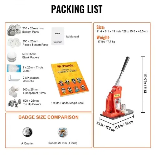 VEVOR Button Maker Maschine, 25 mm (1 Zoll) Badge Punch Press Kit, Kinder DIY Geschenke Pin Maker, Button Herstellung Zubehör mit 500 Stk. Button Teile & Kreisschneider & Zauberbuch – Bild 6