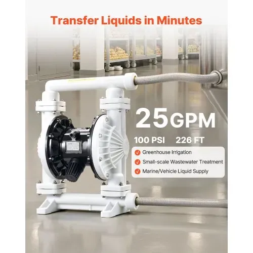 VEVOR Druckluft-Doppelmembranpumpe, 95 L/min, 25,4 mm Einlass & Auslass, pneumatische Altöl-Transferpumpe, max. 100 PSI, Polypropylengehäuse, luftbetrieben für Diesel, Fett, Kerosin, Benzin & Öl – Bild 2