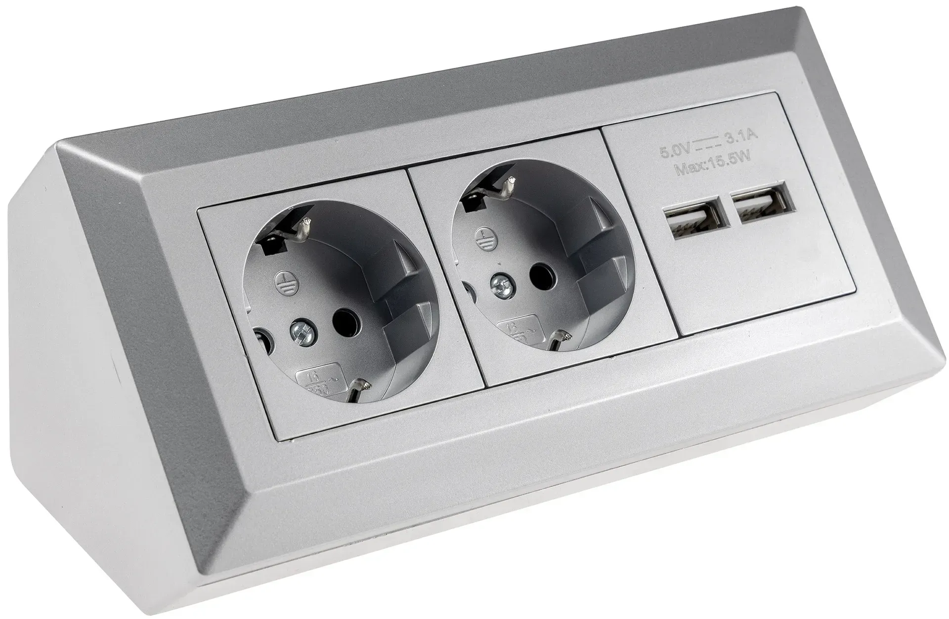 2-fach Steckdosenblock + 2x USB, silber 250V~/ 16A, Aufbaumontage, USB 3,1A 2-fach Steckdosenblock + 2x USB, silber 250V~/ 16A, Aufbaumontage, USB 3,1A