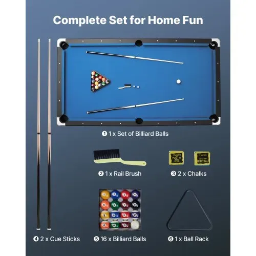 VEVOR Billardtisch 244 cm mit Holzoberfläche, moderner Spieltisch mit verstellbaren Füßen, komplettes Set inkl. Bällen/Queues/Ständer/Kreide/Bürste, für Spielzimmer Freizeiträume Blau VEVOR Billardtisch 244 cm mit Holzoberfläche, moderner Spieltisch mit verstellbaren Füßen, komplettes Set inkl. Bällen/Queues/Ständer/Kreide/Bürste, für Spielzimmer Freizeiträume Blau