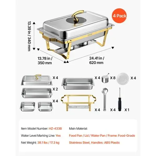 VEVOR Chafing Dish Set 4-tlg. Buffets je 8,52 L Edelstahl Warmhaltebehälter, Hochzeiten, Partys, Bankette, Faltbarer Ständer, 2 Behälter in Voller Größe und 4 Behälter in Halber Größe, Servierzange – Bild 6