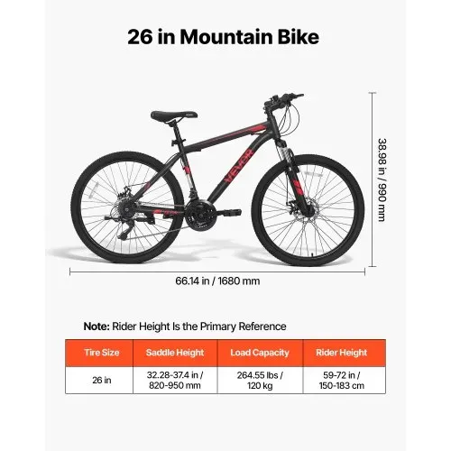 VEVOR Mountainbike für Damen Herren 26 Zoll Fahrrad 21-Gang Schwarz Rot Ideal für Erwachsene, Kohlenstoffstahlrahmen, mit Federgabel, 120 kg Tragkraft, Klingel, Reflektoren & Verstellbarem Sattel – Bild 6