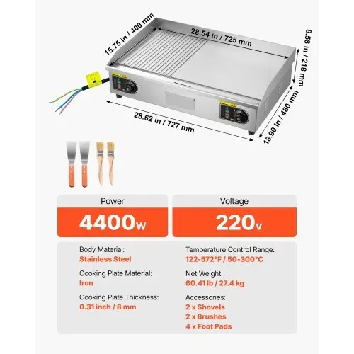 VEVOR Gewerbliche Elektrische Grillplatte 4400 W, Tischgrillplatte 725x400 mm Grillfläche, 50–300 °C, Elektrogrill, halb Gerillt, halb Glatt, mit 2 Spateln und 2 Bürsten, für Steaks BBQ, Ohne Stecker – Bild 6