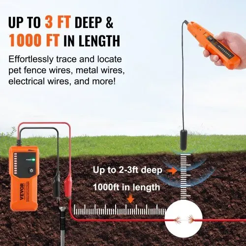 VEVOR Netzwerk Kabel Tester, max. 0,9 m Erkennungstiefe, Kabelsucher Kabelbruchdetektor mit Kopfhörer, max. 304,8 m Erkennungslänge, Kabel Testgerät für Haustierzäune, Sprinklerventilbewässerung – Bild 2