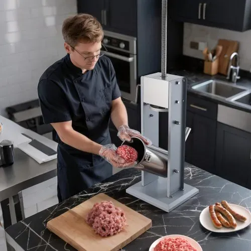 VEVOR Manueller Wurstfüller 5 L, Vertikale Wurstfüllmaschine mit zwei Geschwindigkeiten (Schnell/Langsam) & 5 Füllrohren & Griff, Fleischfüller aus Edelstahl für Gewerblichen & Privaten Gebrauch – Bild 7