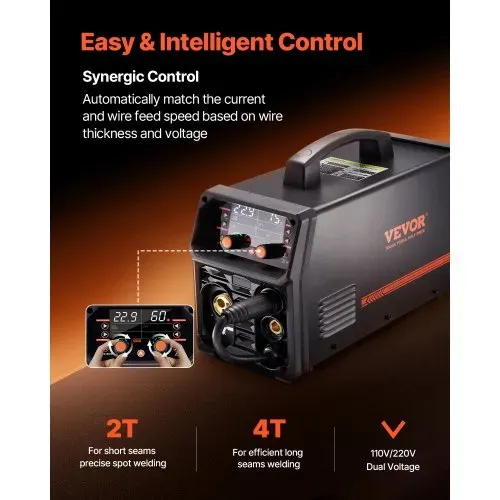 VEVOR MIG-Schweißgerät, 200 A synergetische MIG-Schweißmaschine, 4-in-1-Gas-MIG/Flux Core-MIG/Stick/Lift-TIG-Mehrprozess-Welder mit IGBT-Wechselrichtertechnologie und LCD-Bildschirmanzeige – Bild 3