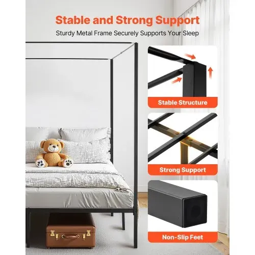 VEVOR Himmelbettrahmen (Kingsize), Metallhimmelbett (363 kg belastbar) mit Himmelbett-Design, robuste Stahllattenstütze, Stauraum unter dem Bett, kein Boxspring erforderlich, Netzrahmen Schwarz – Bild 2
