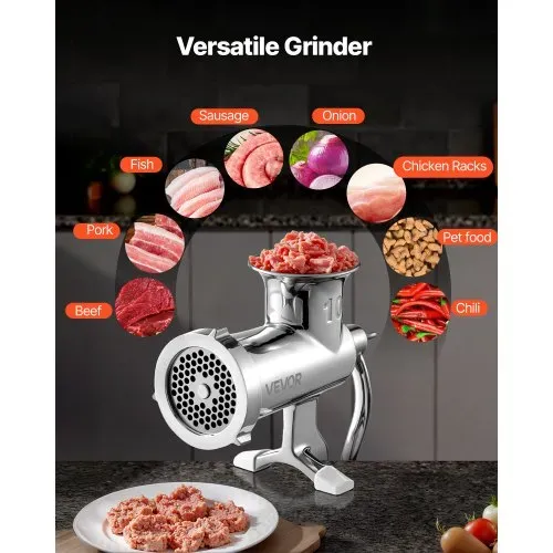 VEVOR manuelle Fleischmühle, alle Teile Edelstahl, handbetriebene Fleischmahlmaschine mit Tischklemme, 2 Schleifplatten & Wurstfüller, ideal für Zuhause Küche Restaurant Metzgergeschäft – Bild 5
