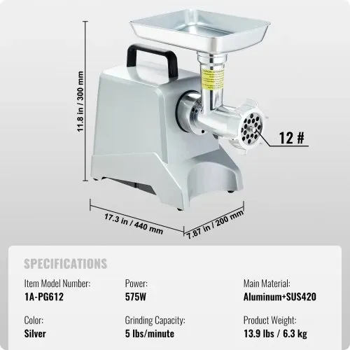 VEVOR Elektrischer Fleischwolf 2,27 kg/Min 575 W (800 W max.) Industrieller Schneider mit Klinge (4,5 mm) & Mahlplatte & Wurstfüllklinge & 3 Röhren, kommerzieller Fleischschneider aus Aluminium – Bild 6
