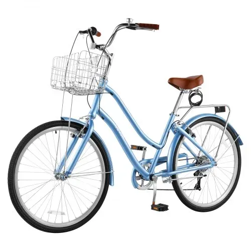 VEVOR Damenfahrrad 26 Zoll Cruiser-Fahrrad 150 kg 7-Gang Citybike Hellblau, für Pendelfahrten Besorgungen und Strandfahrten, mit Korb, Gepäckträger bis 50 kg, Doppel-V-Bremsen und Praktischem Zubehör – Bild 8