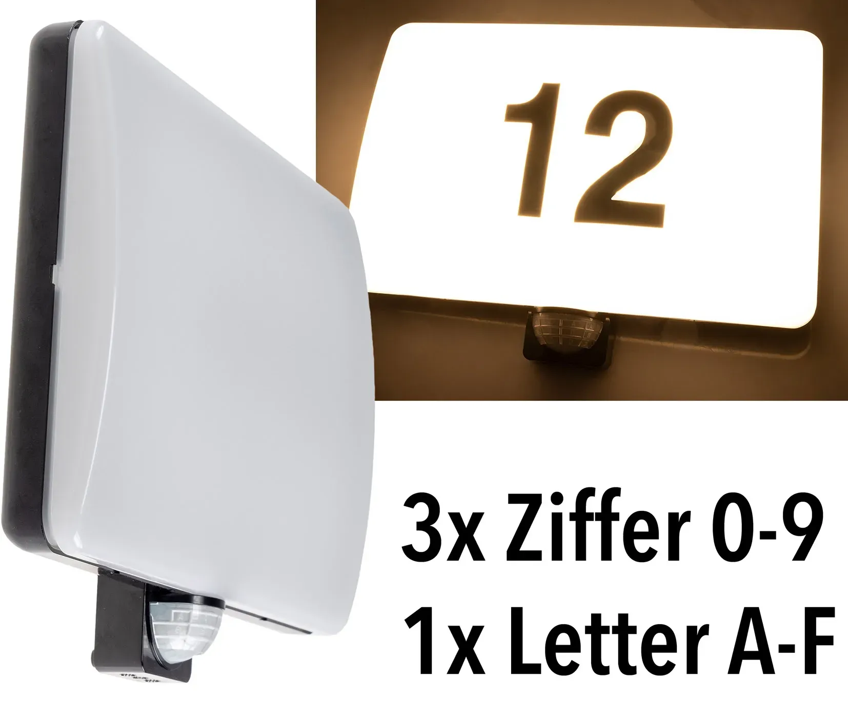 LED Wandleuchte “PADAR” mit PIR-Sensor IP65, 20W, mit Hausnummer & Buchstaben LED Wandleuchte “PADAR” mit PIR-Sensor IP65, 20W, mit Hausnummer & Buchstaben