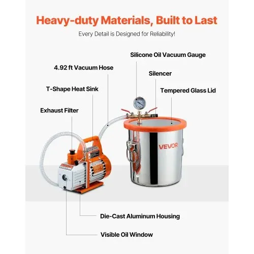 VEVOR 11,36 L Vakuumkammer mit Pumpe, 99 L/min, Edelstahl, Entgasungskammer-Kit, einstufig, Deckel aus gehärtetem Glas, 1,5 m Schlauch, zur Stabilisierung von Holzentgasungs-Silikonharz – Bild 5