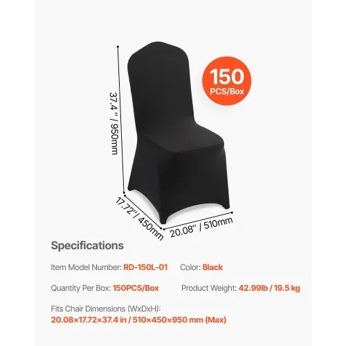 VEVOR Stuhlhussen Stuhlbezug 150 Stk. waschbarer & abnehmbarer Stuhlüberzug aus Polyester-Spandex für Hochzeitsfeiern Esszimmerbankette Restaurant, passend für Stühle (51 x 45 x 95 cm) Schwarz – Bild 6