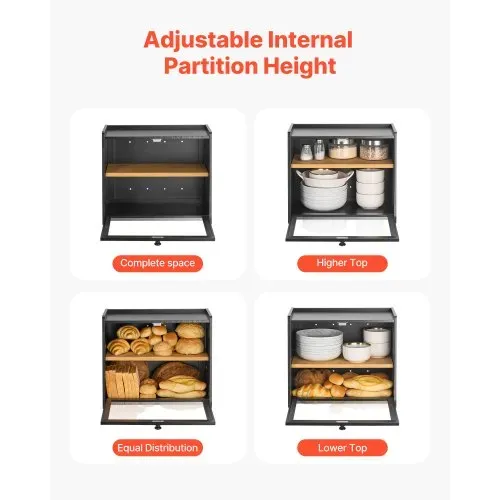 VEVOR Doppellagiger Brotkasten für Küchentheke Brotbehälter Brotbox Organizer aus Holz für selbstgebackenes Brot, Aufbewahrungsbehälter mit gewellter Acryl-Türplatte, Brotaufbewahrung Schwarz – Bild 2