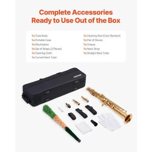 VEVOR Sopransaxophon, B-Dur, Messing-Saxophon-Anfängerset mit Tragetasche, Mundstück, Reinigungstuch, Stab, Handschuhen, Umhängeband, 23-Tasten-Sax-Set, für Anfänger & Schüler, Gold – Bild 5