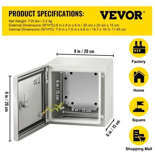 VEVOR Stahl-Elektrokasten, Elektrogehäuse, 20x20x15 cm, Kohlenstoffstahl, IP65 – Bild 6