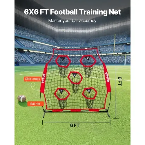 VEVOR Fußballtrainer Wurfnetz Übungsnetz (208 x 91 x 189 cm) mit 5 Zieltaschen & tragbarer Aufbewahrungstasche & Gurten & knotenlosem Netz, Training für die Passgenauigkeit des Quarterbacks, rot – Bild 2