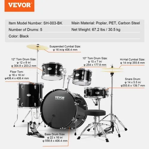 VEVOR Schlagzeug, 5-teilig, Drum in voller Größe mit Bass-Toms, Snare, Standtrommel, verstellbaren Thronständern, Becken, Hi-Hat-Pedal und Drumsticks, Anfänger-Schlagzeug für Erwachsene, schwarz – Bild 6