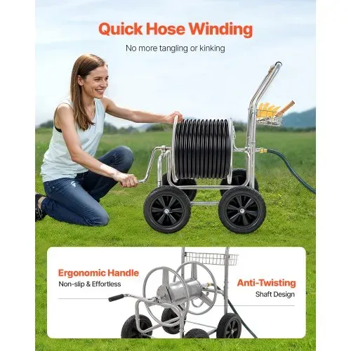 VEVOR Schlauchtrommelwagen, fasst bis zu 76 m x 1,5 cm Schlauch, Garten-Wasserschlauchwagen, mobile Werkzeuge mit 4 Rädern Stahl zum Pflanzen im Freien mit Aufbewahrungskorb, für Garten, Hof, Rasen – Bild 3