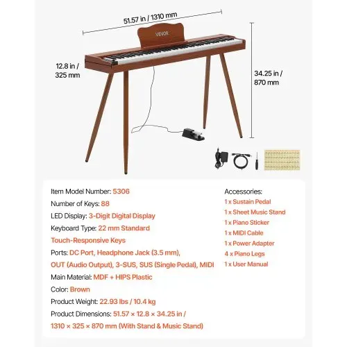 VEVOR Digitalpiano 88 Halbgewichtete Tasten in Standardgröße E-Piano Braun für Anfänger, 600 Klangfarben, 600 Rhythmen, USB, MIDI, Audioausgang, Kopfhörerbuchse, Sustain-Pedal und HiFi-Lautsprechern – Bild 6