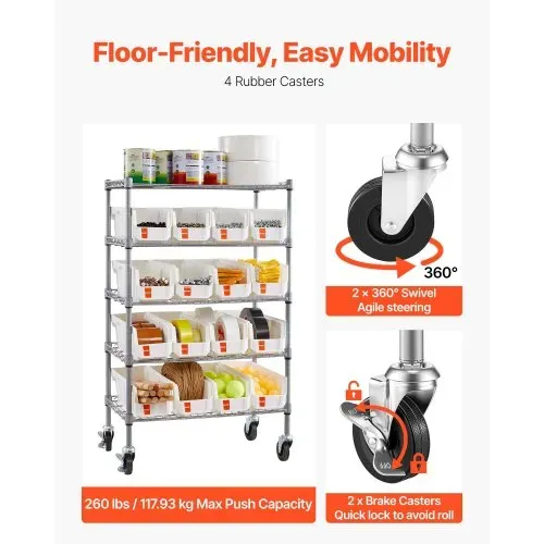 VEVOR Standregal, Lagerregal mit 5 Ebenen & 16 Stapelboxen, Bücherregal Küchenregal mit Rollen, Fahrregal für Garage, Lager, Büro, Restaurant, Klassenzimmer, Küche, 610x355x1065 mm – Bild 4