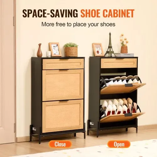 VEVOR Schuhschrank Schuhkommode aus Rattan mit 2 Klappschubladen & 1 Ausziehschublade, Metallbeine, schmaler Schuhschrank ideal für Eingangsbereich Diele Schrank Flur Schuhkipper Schwarz – Bild 2