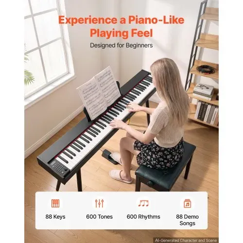 VEVOR Digitalpiano 88 Halbgewichtete Tasten Standardgröße E-Piano Schwarz für Anfänger, 600 Klangfarben, 600 Rhythmen, USB, MIDI, Audioausgang, Kopfhörerbuchse, Sustain-Pedal und HiFi-Lautsprechern VEVOR Digitalpiano 88 Halbgewichtete Tasten Standardgröße E-Piano Schwarz für Anfänger, 600 Klangfarben, 600 Rhythmen, USB, MIDI, Audioausgang, Kopfhörerbuchse, Sustain-Pedal und HiFi-Lautsprechern