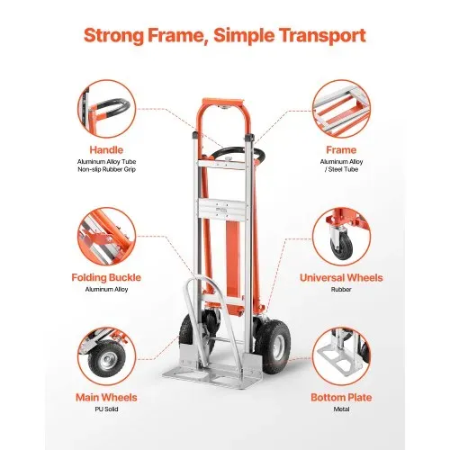 VEVOR 4-in-1-Sackkarre, 453,6 kg Tragkraft im 4-Rad-Modus, umwandelbare Transportkarre mit rutschfestem Griff & Rädern, Handkarre aus Aluminiumlegierung, Transportroller für Umzüge, Büros & Lager – Bild 3