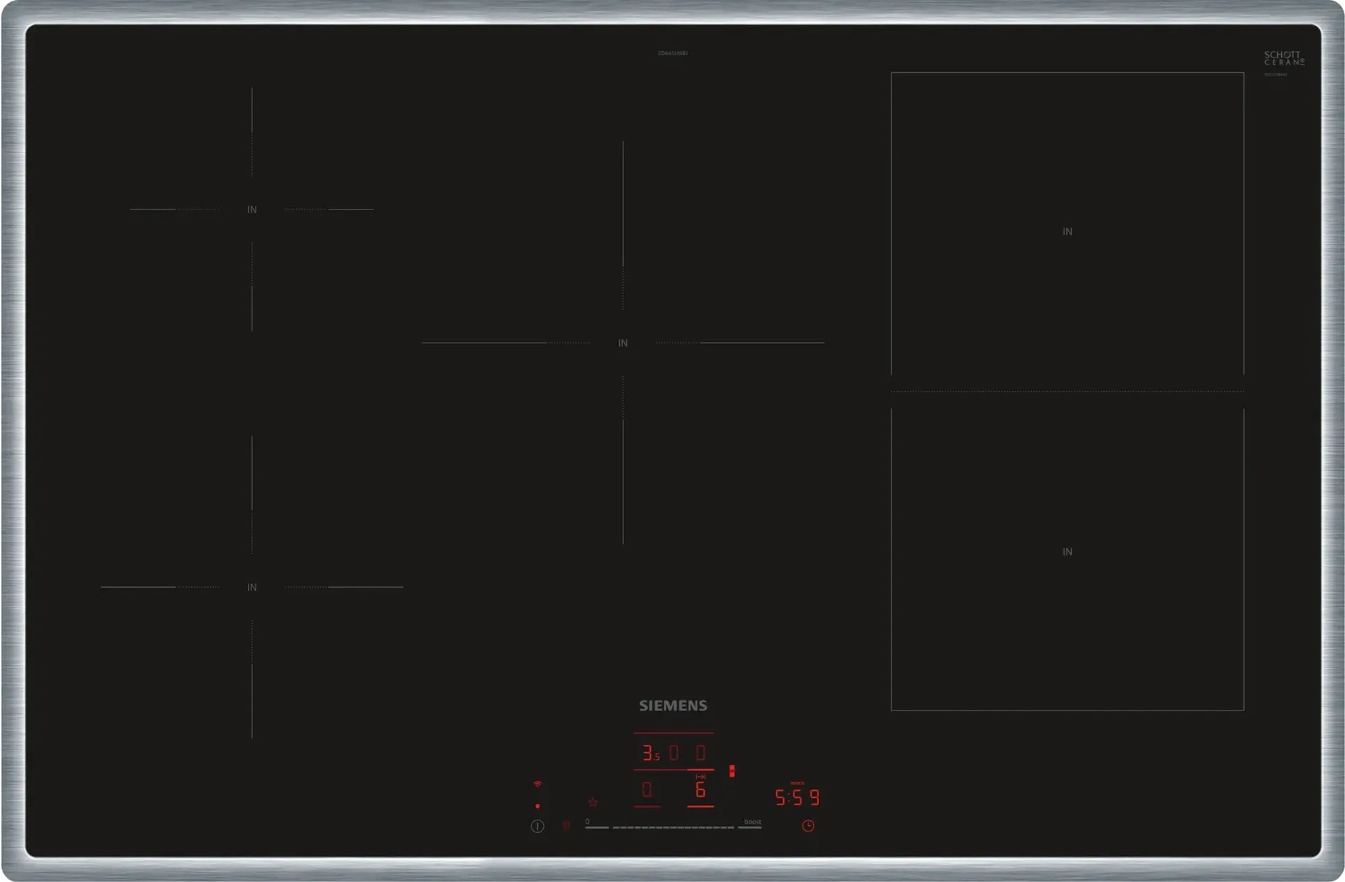 Siemens iQ500 ED845HWB1E Kochfeld Schwarz Integriert 80 cm Zonen-Induktionskochfeld 5 Zone(n) Siemens iQ500 ED845HWB1E Kochfeld Schwarz Integriert 80 cm Zonen-Induktionskochfeld 5 Zone(n)