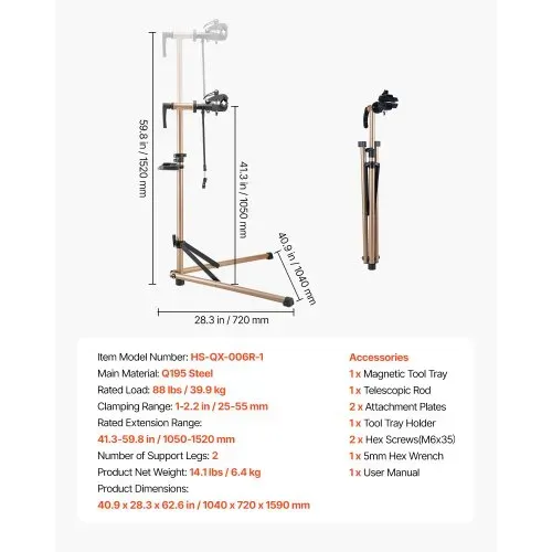 VEVOR Fahrradreparaturständer Fahrradmontageständer 39,9 kg belastbar mit 105–152 cm einstellbarer Höhe & magnetischer Werkzeugablage, faltbarer Wartungsständer für Mountainbikes Road Bike – Bild 6