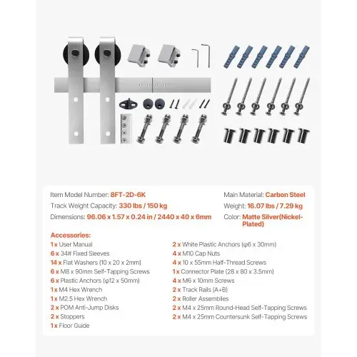 VEVOR Schiebetürsystem 2,44 m, Schiebetürbeschlag, Tragkraft 150 kg, kompatibel mit 107 bis 122 cm Breite & 34,92 bis 44,45 mm Dicke, langlebige Schiene & J-förmige Rolle – Bild 6
