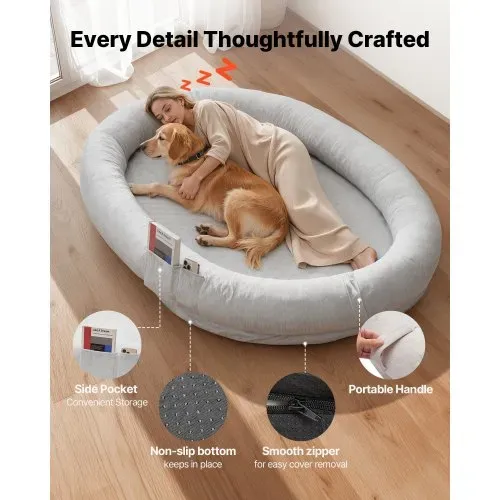 VEVOR Hundebett für Menschen & Hunde, 178x120x24 cm, Memory-Schaum-Hundebett in Menschengröße, mit Seitentasche, Griff & Reißverschluss, abnehmbarer, maschinenwaschbarer Bezug, Kurzflor, Grau – Bild 3