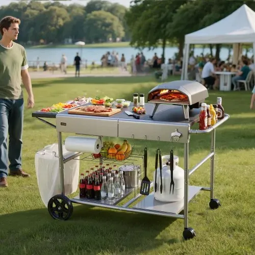 VEVOR Grillwagen Outdoor 925x595x25 mm (Tischplattengröße), Rollbarer Grilltisch mit 4 Gewürzbehältern & Rädern & Deckeln & Haken, Grillvorbereitungstisch Servierwagen für Picknick Küche Garten – Bild 7