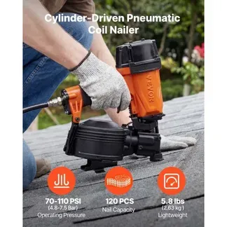 VEVOR Druckluft-Coilnagler CN45C, 15° Druckluftnagler für 19-45 mm Nägel 4,8-7,5 Bar Zylinderbetriebener Drucklufttacker mit 120 Magazinkapazität, Nagelpistole mit Kontaktauslöser für Dachschalung VEVOR Druckluft-Coilnagler CN45C, 15° Druckluftnagler für 19-45 mm Nägel 4,8-7,5 Bar Zylinderbetriebener Drucklufttacker mit 120 Magazinkapazität, Nagelpistole mit Kontaktauslöser für Dachschalung