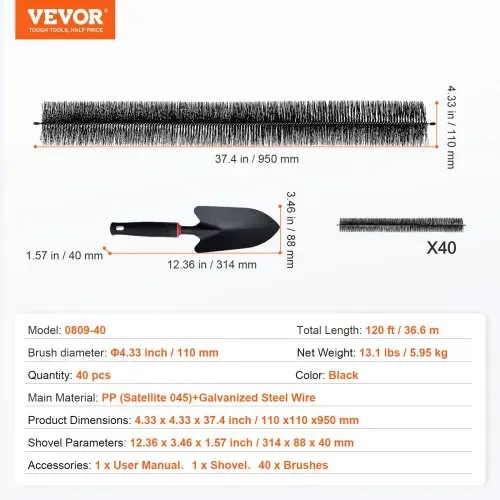 VEVOR Dachrinnenbürste, 36,6 m Gesamtlänge, φ110 mm, Dachrinnenreinigungswerkzeug, Laubschutz für 12,7 cm Dachrinnen, entfernt mühelos Blätter und Schmutz vom Dach, 40er-Pack – Bild 6
