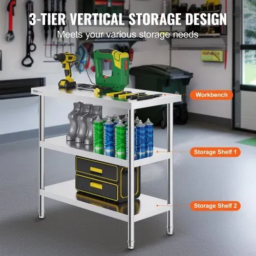 VEVOR Lebensmittel-Zubereitungstisch aus Edelstahl, 457 x 914 x 864 mm gewerblicher Küchenarbeitstisch, mit 2 verstellbaren Unterregalen, robuster Zubereitungstisch aus Metall für Grill, Küche – Bild 3