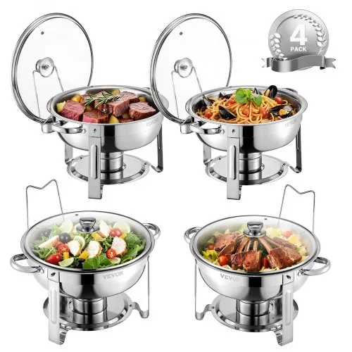 VEVOR Chafing Dish Buffet Speisenwärmer mit 4 Behältern in voller Größe (4,7 L pro), runder Catering-Wärmespender mit Glasdeckel & Wasserpfanne & klappbarer Ständer, für Hochzeiten Buffet Silber VEVOR Chafing Dish Buffet Speisenwärmer mit 4 Behältern in voller Größe (4,7 L pro), runder Catering-Wärmespender mit Glasdeckel & Wasserpfanne & klappbarer Ständer, für Hochzeiten Buffet Silber