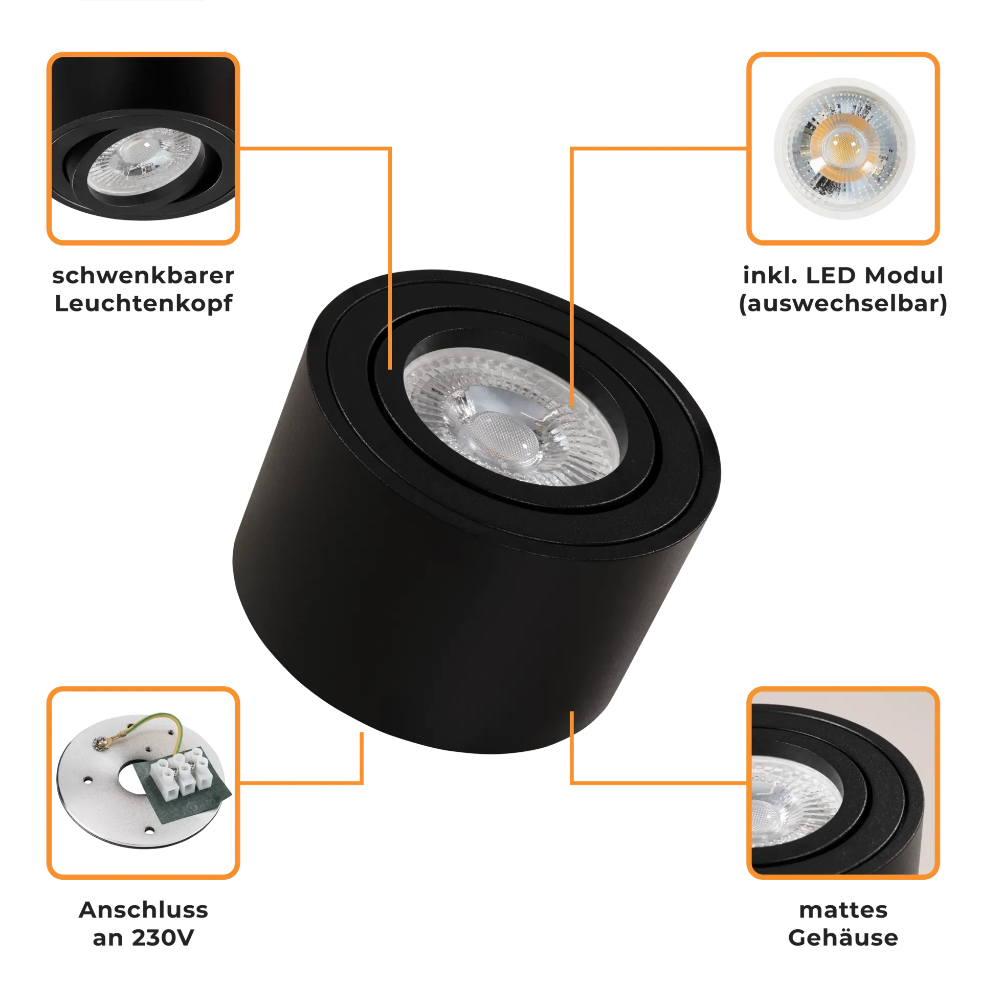 LED-Aufbauleuchte McShine, 5W, 400Lumen, 3000K, ØxH 80x50mm, schwarz, 10er-Pack – Bild 4
