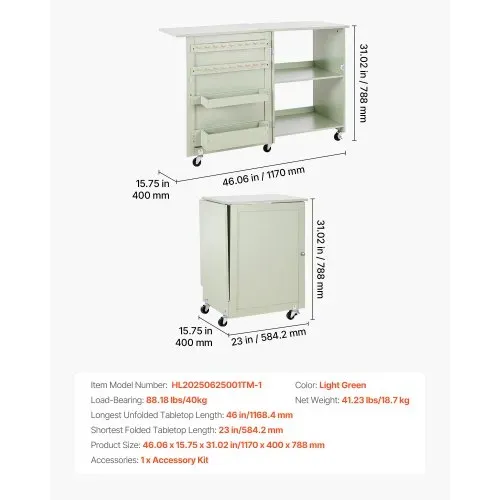 VEVOR klappbarer Nähtisch Nähmaschinentisch mit kompaktem Design & Ablagefächern & Holzklammern & magnetischem Türschloss, Mehrzwecktisch für Modestudio Kunststudio Zuhause, Hellgrün – Bild 6