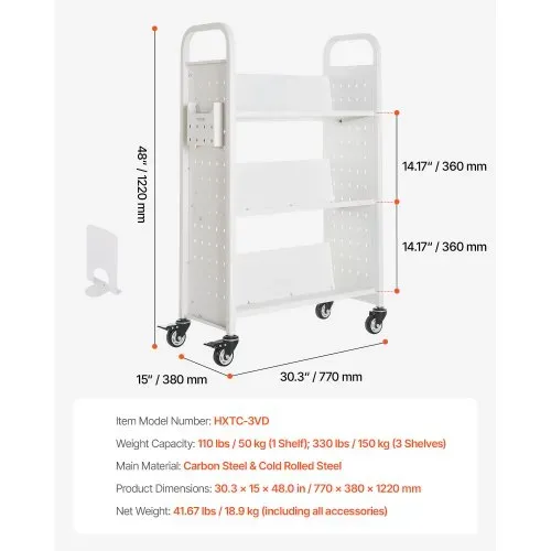 VEVOR Bücherwagen, 150 kg Tragkraft, Bibliothekswagen, 77 x 38 x 122 cm, einseitiges V-förmiges Bücherregal mit Doppelbremsrollen, für Wohnzimmer, Büro, Schule, Weiß – Bild 6