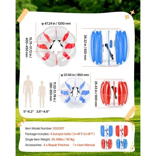 VEVOR 4 x Aufblasbare Bumper Bälle 0,9 m + 1,2 m für Kinder Jugendliche Blau Rot für Garten, Camping, Picknick & Rasen, 0,5 mm Starkes PVC, Heißverschweißte Griffe & Stabil Sitzende Schultergurte – Bild 6